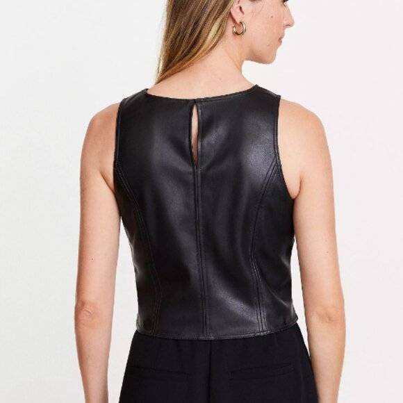 LOFT Topstitched Faux Leather Shell in Black - Picture 3 of 7